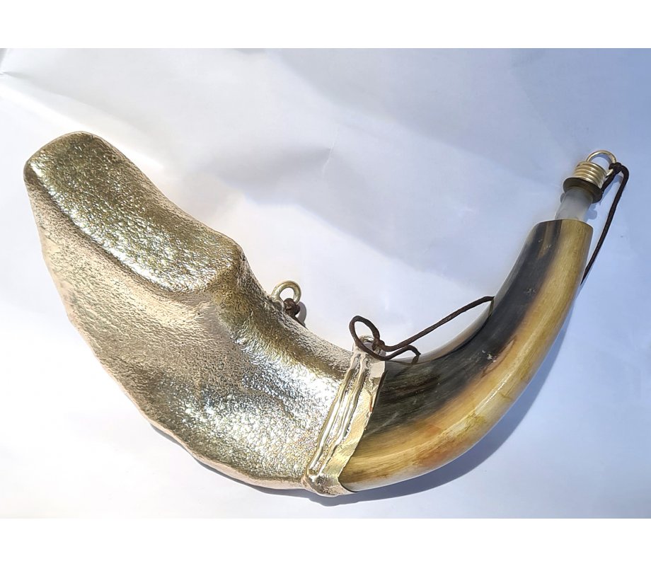 Anointing Rams Horn Shofar with Sterling Silver Lions Jerusalem