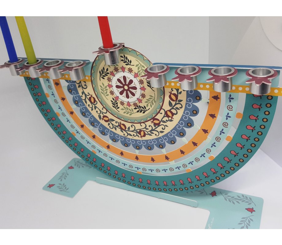 Arc Chanukah Menorah with Colorful Pomegranates, for Candles or Oil - Dorit Judaica