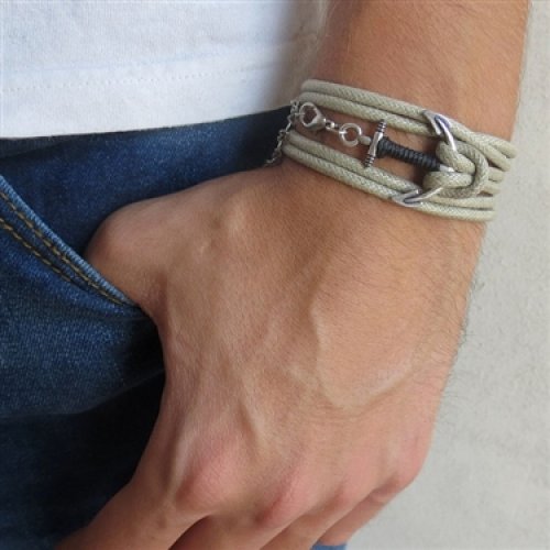 Beige Rope Triple-Wrap Men's Bracelet with Oxidized Silver-Plated Anchor Element and Black Thread by Gal Cohen