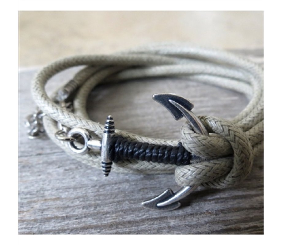 Beige Rope Triple-Wrap Men's Bracelet with Oxidized Silver-Plated Anchor Element and Black Thread by Gal Cohen