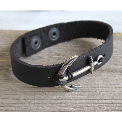 Black Leather Men's Bracelet with Oxidized Silver-Plated Anchor Element