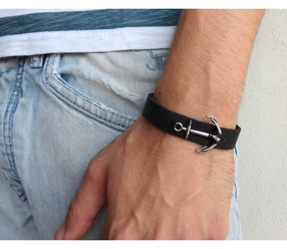 Black Leather Men's Bracelet with Oxidized Silver-Plated Anchor Element