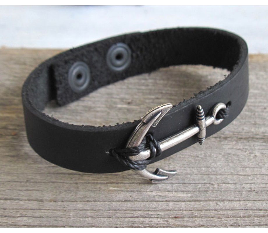 Black Leather Men's Bracelet with Oxidized Silver-Plated Anchor Element