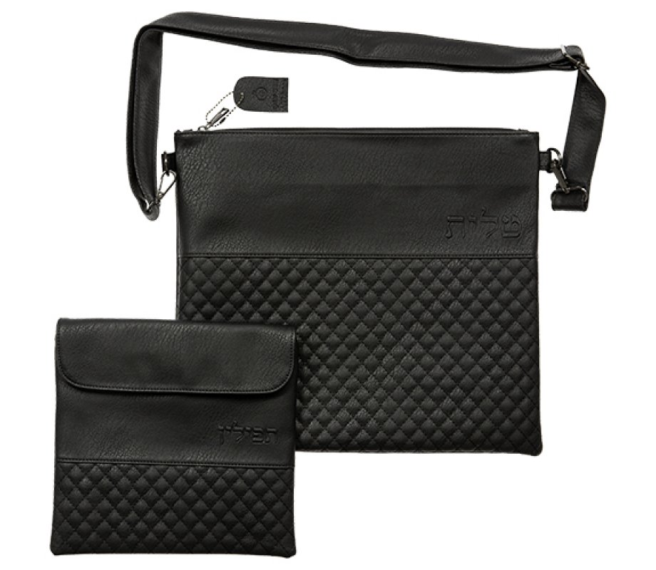 Black Tallit and Tefillin Bags Set in Faux Leather with Shoulder Straps