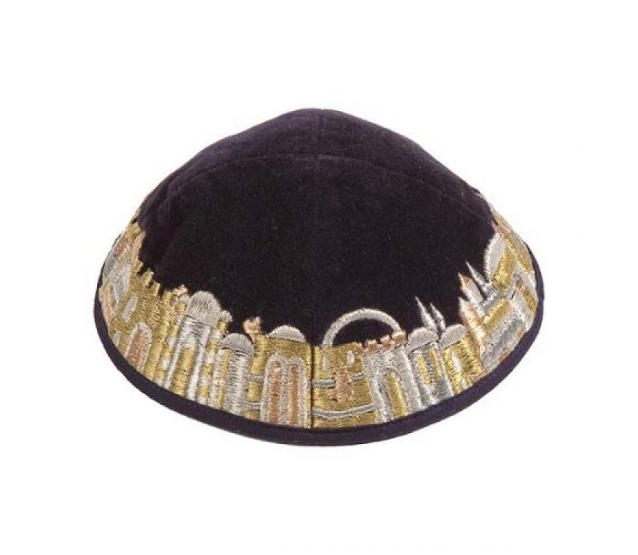 Black Velvet Kippah with Embroidered Jerusalem Images, Gold - Yair Emanuel