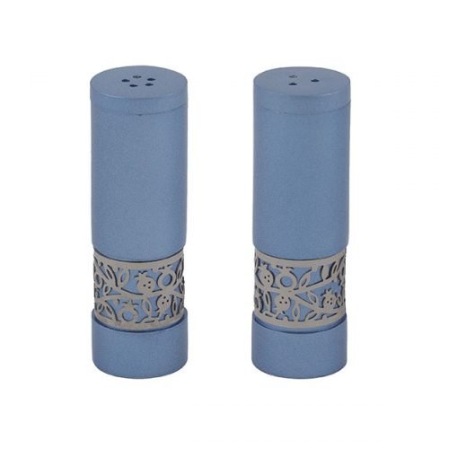 Blue Aluminum Salt and Pepper Set with Ornate Pomegranate Band - Yair Emanuel