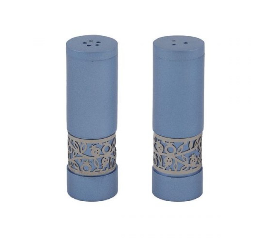 Blue Aluminum Salt and Pepper Set with Ornate Pomegranate Band - Yair Emanuel