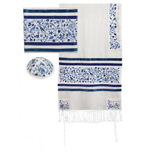 Blue Cotton & Silk Prayer Shawl Set Embroidered Birds and Flowers - Yair Emanuel