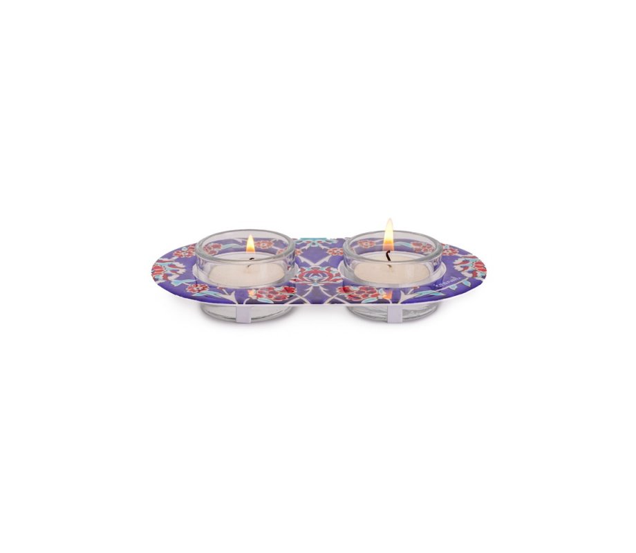 Blue Eastern Flower Design Glass and Metal Candle Holders for Tea Lights - Yair Emanuel