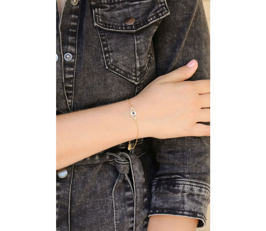 Blue Evil Eye of Protection on Sterling Silver Bracelet - Choice of Gold or Silver Finish