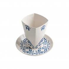 Blue Flower Design Israel Museum Ceramic Kiddush Cup and Plate