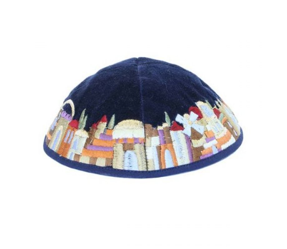 Blue Velvet Kippah with Embroidered Jerusalem Images, Colorful - Yair Emanuel