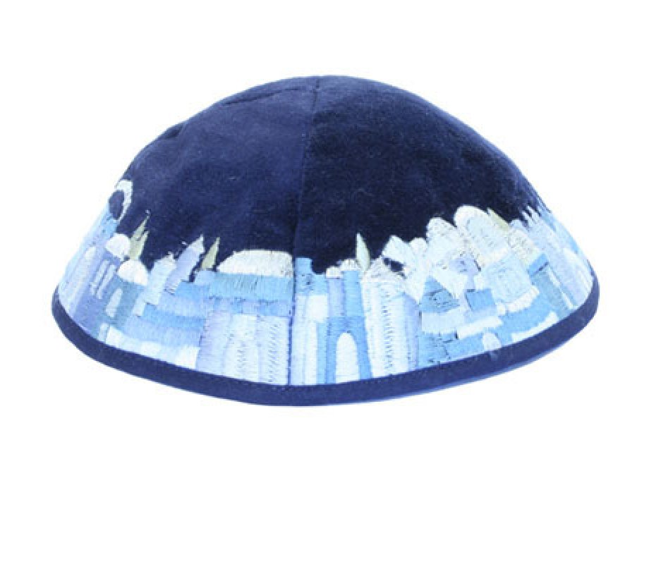 Blue Velvet Kippah with Embroidered Jerusalem Images, Shades of Blue - Yair Emanuel