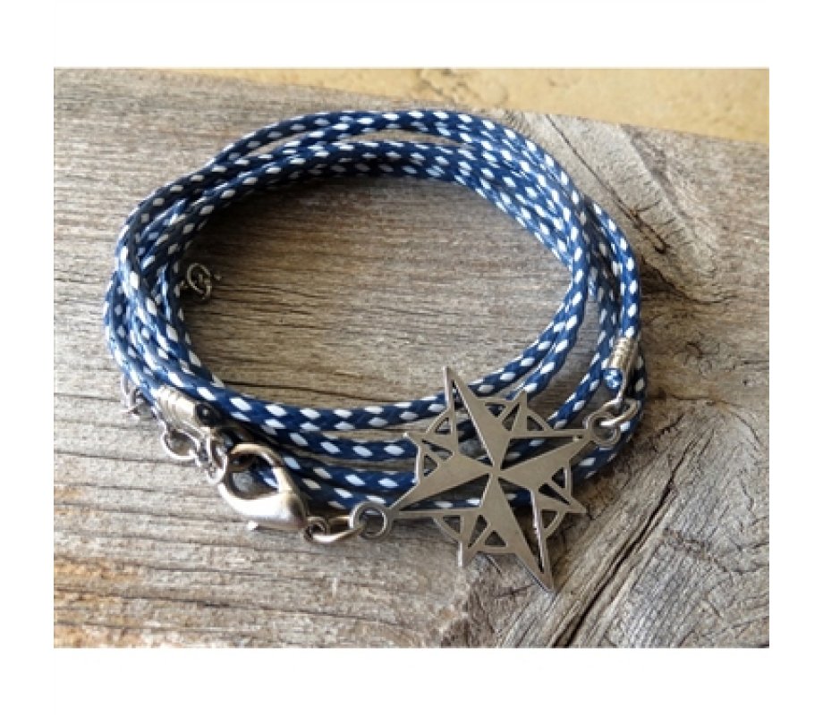 Blue and White Rope Triple Wrap Men's Bracelet with Oxidized Silver-Plated Compass Element by Gal Cohen