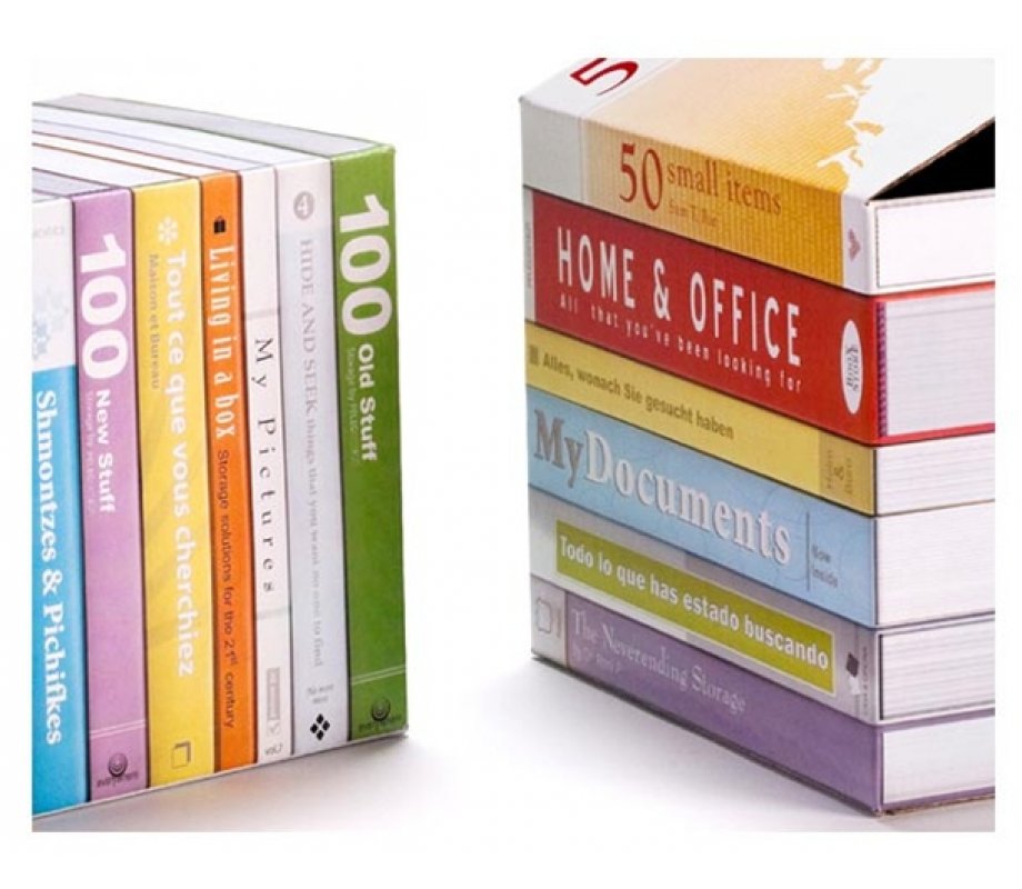 Boox Store Books on the Shelf Camouflaging Two Storage Boxes