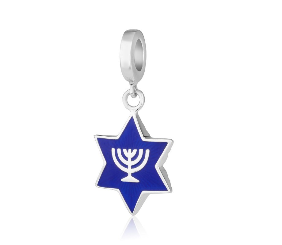Bracelet Charm, Blue Star of David with Menorah Image - Sterling Silver