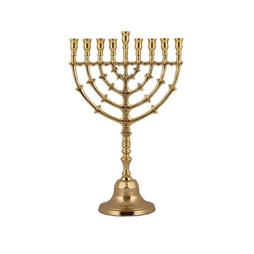 Brass Gold Chanukah Menorah on Stem, Leaf Design, 13.5