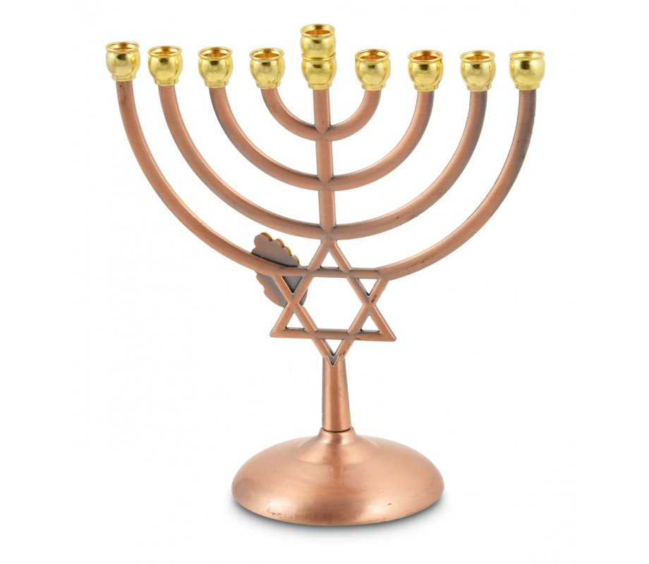 Bronze Color Hanukkah Menorah with Leaf and Star of David - 7 Inches