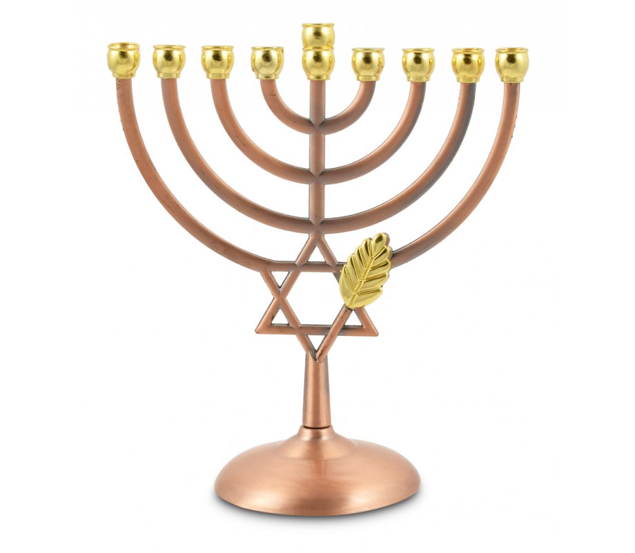 Bronze Color Hanukkah Menorah with Leaf and Star of David - 7 Inches
