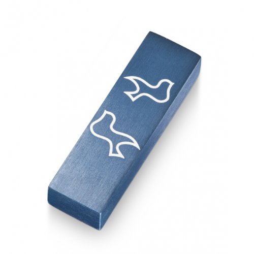 Brushed Aluminum Car Mezuzah Peace Doves, Blue - Adi Sidler