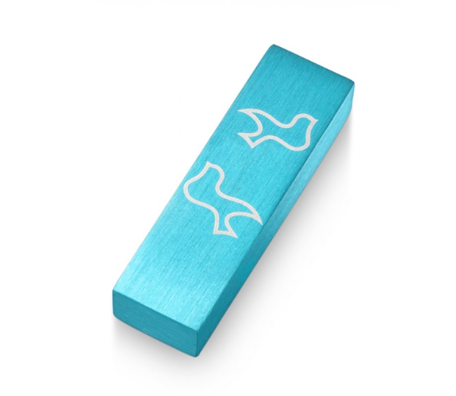 Brushed Aluminum Car Mezuzah Peace Doves, Turquoise - Adi Sidler