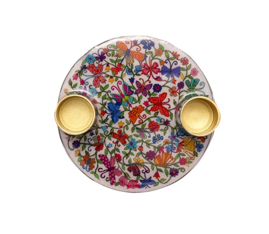 Butterfly Design Small Metal Candle Holders on Attached Tray - Yair Emanuel