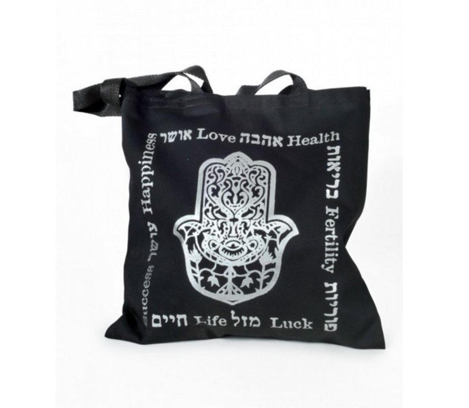 Canvas Tote Bag with Hamsa Blessings, Black-Silver - Barbara Shaw
