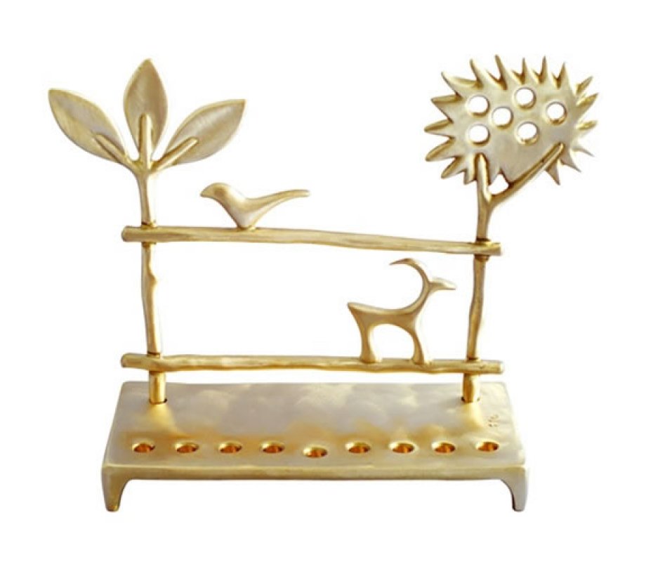 Cast Brass Hanukkah Menorah Trees and Deer by Shraga Landesman