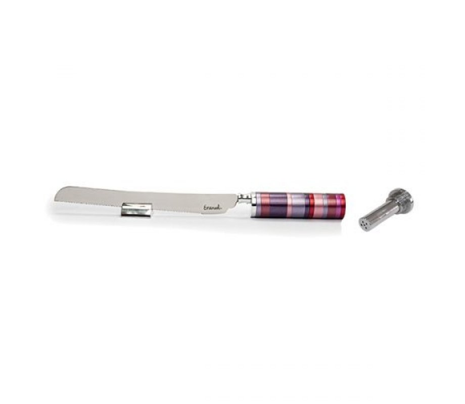 Challah Knife with Mini Salt Shaker and Stand, Maroon Bands on Handle - Yair Emanuel