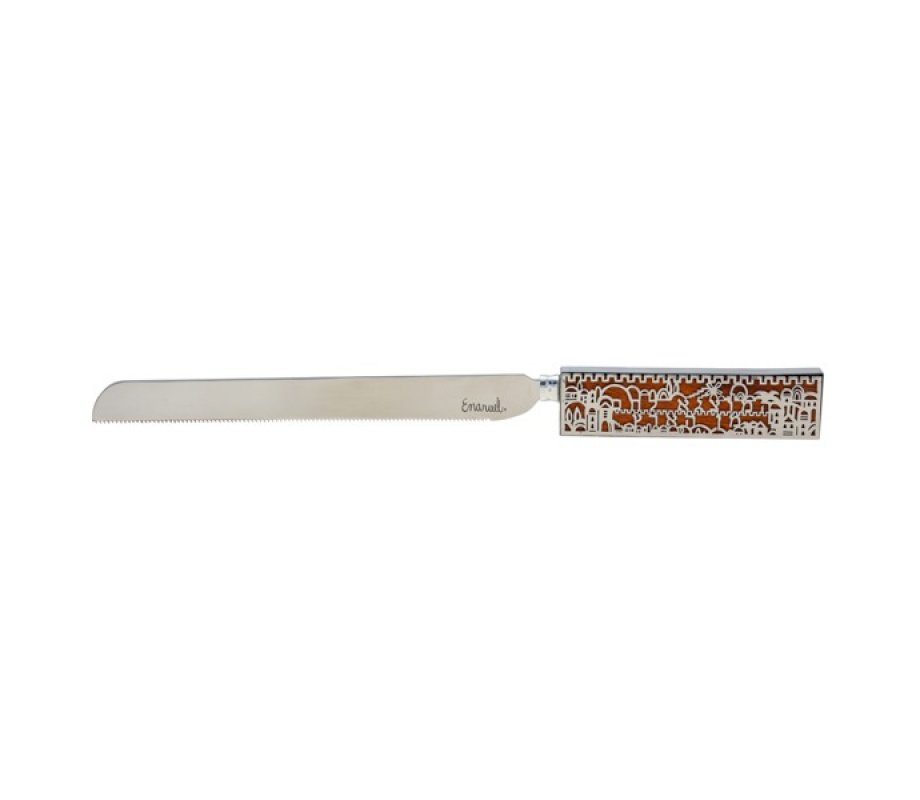 Challah Knife with Wood Handle, Jerusalem Images and Blessing Words - Yair Emanuel