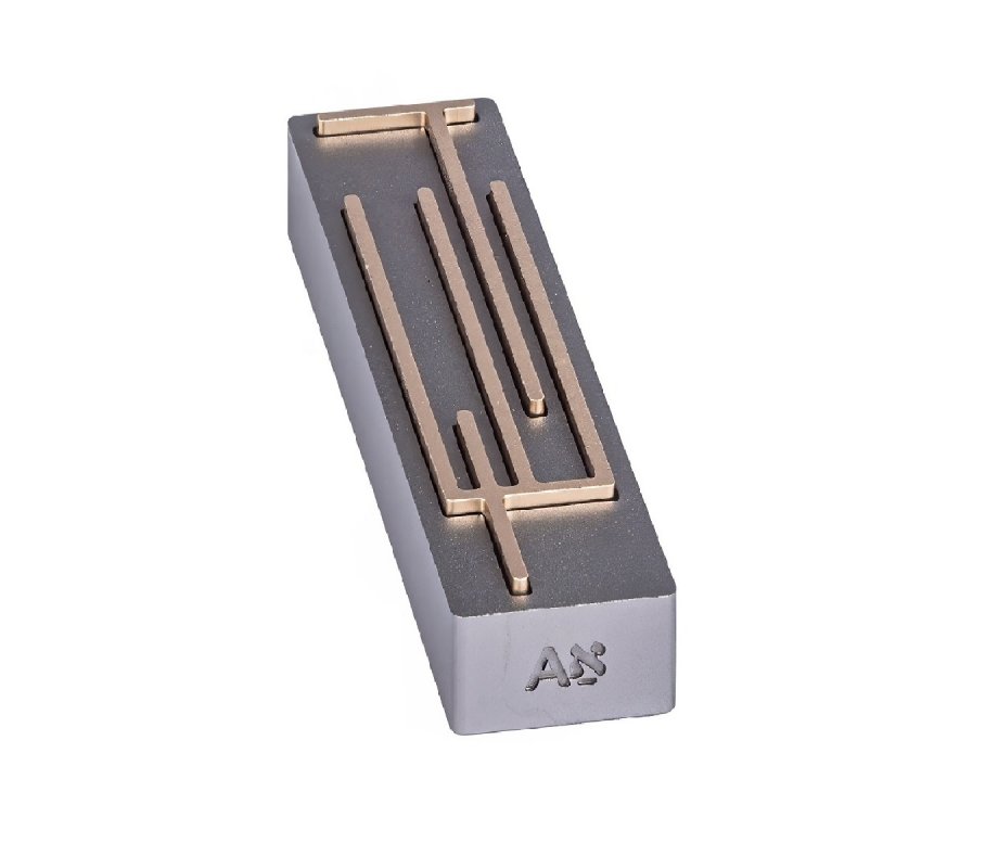 Champagne Color on Gray Modern Shin Daled Yud Design Israel Museum Mezuzah Case