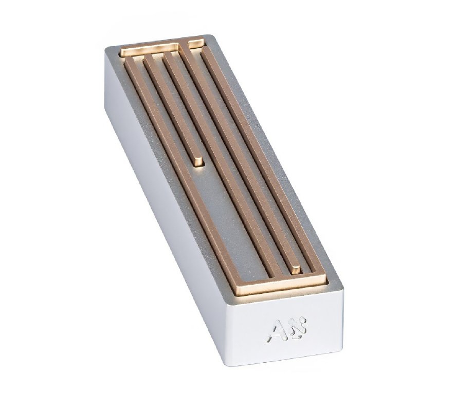 Champagne on Gray Modern Shin Daled Yud Design Israel Museum Mezuzah Case