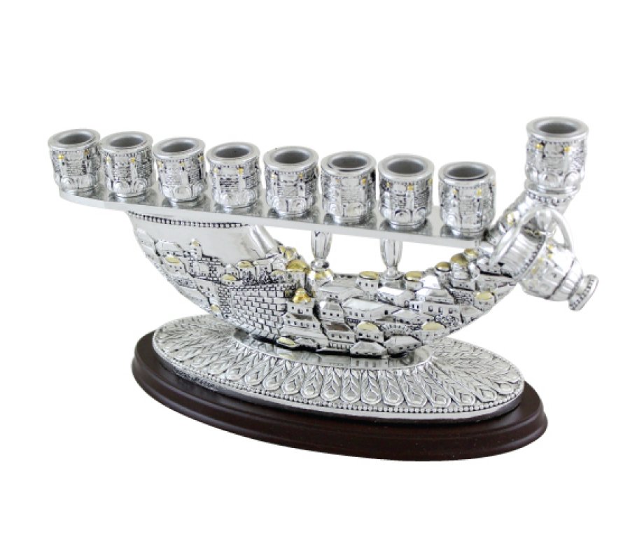 Chanukah Menorah with Shofar and Jerusalem Design and Small Jug