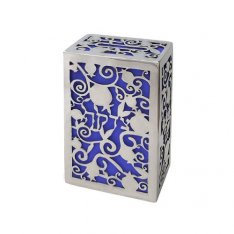 Charity Box with Cutout Pomegranates and Word Tzedakah, Silver and Blue - Yair Emanuel