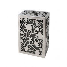 Charity Box with Cutout Pomegranates and Word Tzedakah, Silver and Gray - Yair Emanuel