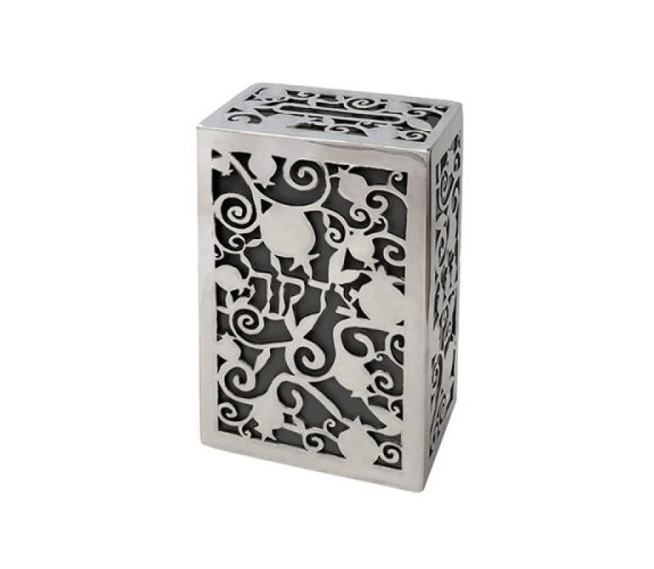 Charity Box with Cutout Pomegranates and Word Tzedakah, Silver and Gray - Yair Emanuel