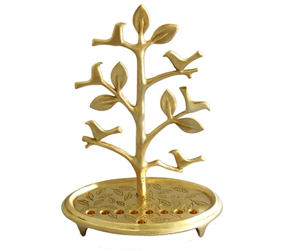 Circular Base Hanukkah Menorah, Tree with Birds, Brass - Shraga Landesman