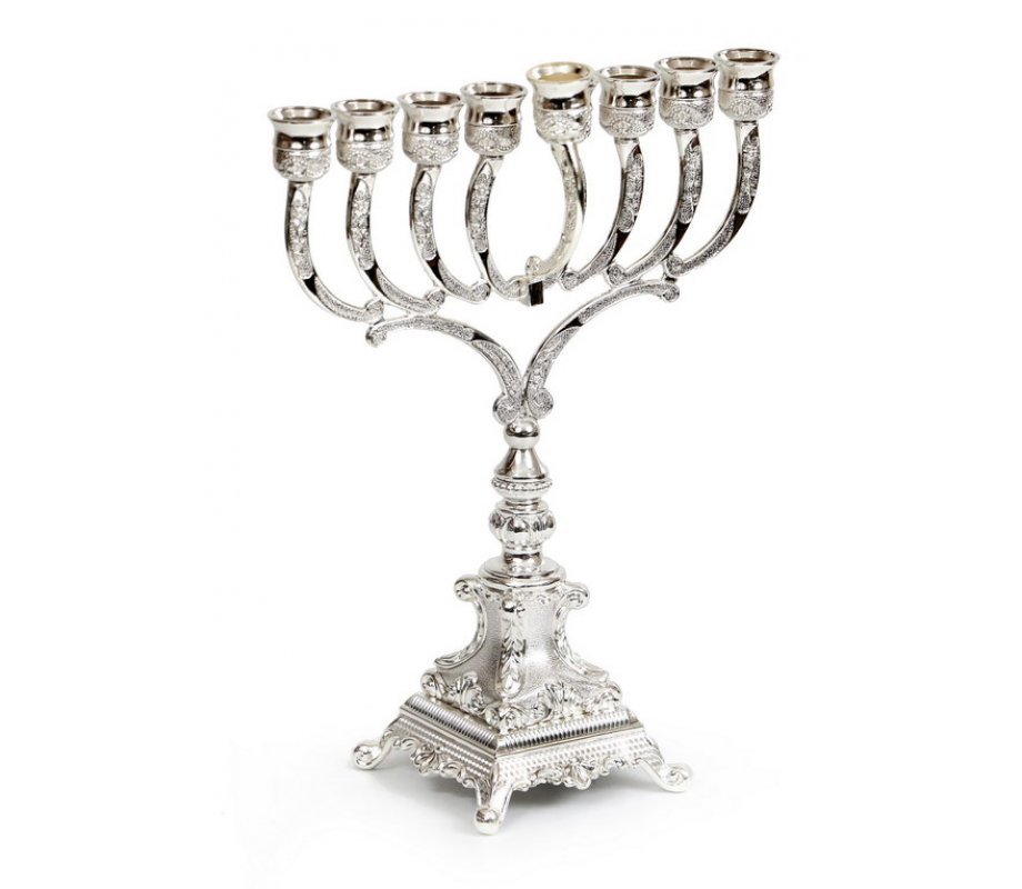 Classic Chanukah Menorah Lavishly Decorated - Silver Plated
