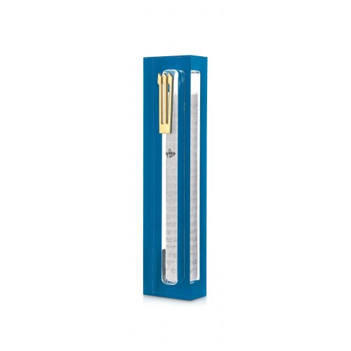 Clear Acrylic Mezuzah Case with Blue Frame, Silver or Gold Shin - Dorit Judaica