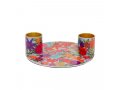 Colorful Flower Design Small Metal Candle Holders on Attached Tray - Yair Emanuel