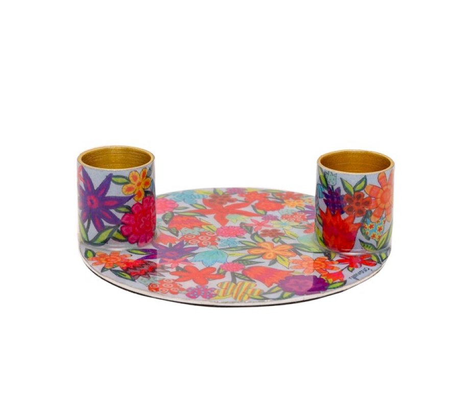 Colorful Flower Design Small Metal Candle Holders on Attached Tray - Yair Emanuel