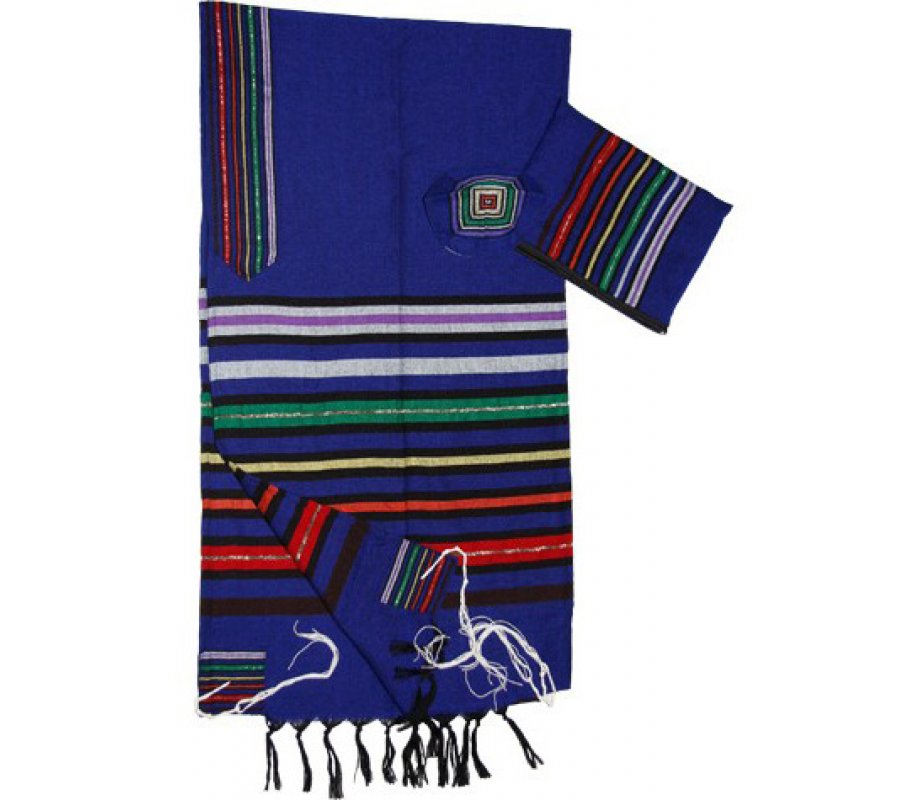 Colorful Joseph Stripes on Royal Blue Handwoven Wool Prayer Shawl Set - Gabrieli