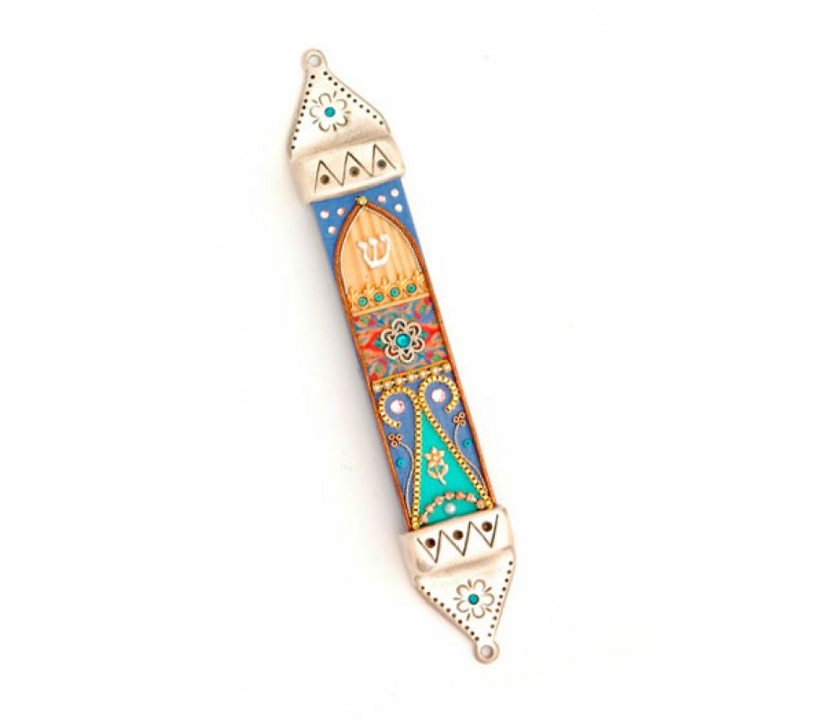 Colorful Mezuzah Case in Pewter and Wood by Ester Shahaf