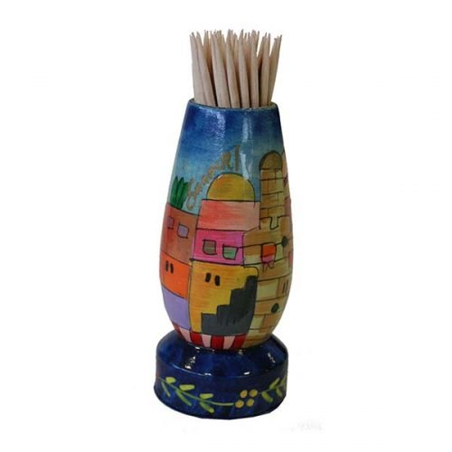 Colorful Wood Toothpick Stand with Hand Painted Jerusalem Images - Yair Emanuel