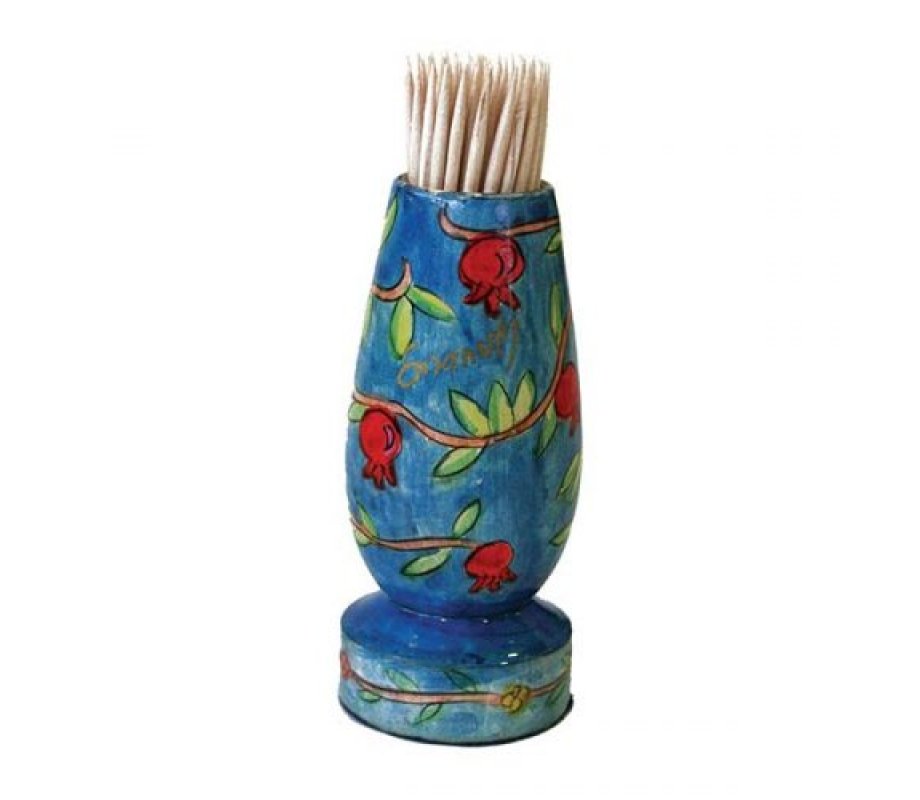 Colorful Wood Toothpick Stand with Hand Painted Leafy Pomegranates - Yair Emanuel