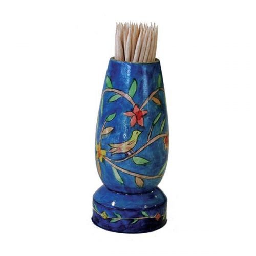 Colorful Wood Toothpick Stand with Hand-Painted Leafy Pomegranates - Yair Emanuel