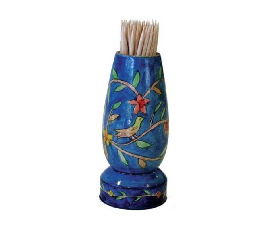 Colorful Wood Toothpick Stand with Hand-Painted Leafy Pomegranates - Yair Emanuel