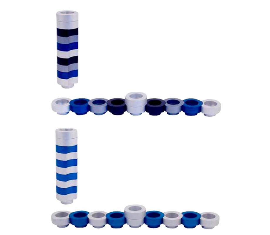 Compact Doughnut Travelling Menorah, Blue Silver and Black Colors - Agayof