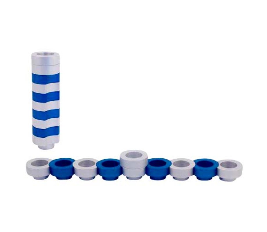 Compact Doughnut Travelling Menorah, Blue Silver and Black Colors - Agayof