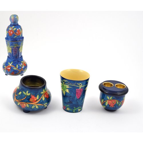 Compact Hand Painted Shabbat Candlesticks and Havdalah Set, Pomegranates - Yair Emanuel